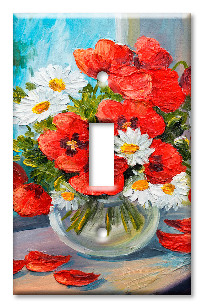 Art Plates - Decorative OVERSIZED Switch Plates & Outlet Covers - Red and White Flowers