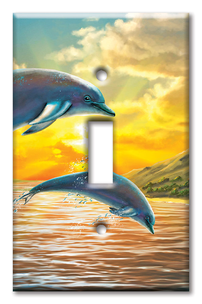 Art Plates - Decorative OVERSIZED Wall Plate - Outlet Cover - Dolphins At Sunset
