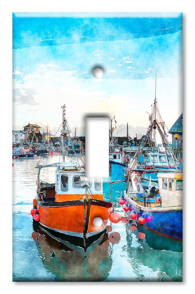 Art Plates - Decorative OVERSIZED Wall Plate - Outlet Cover - Fishing Boats In the Bay