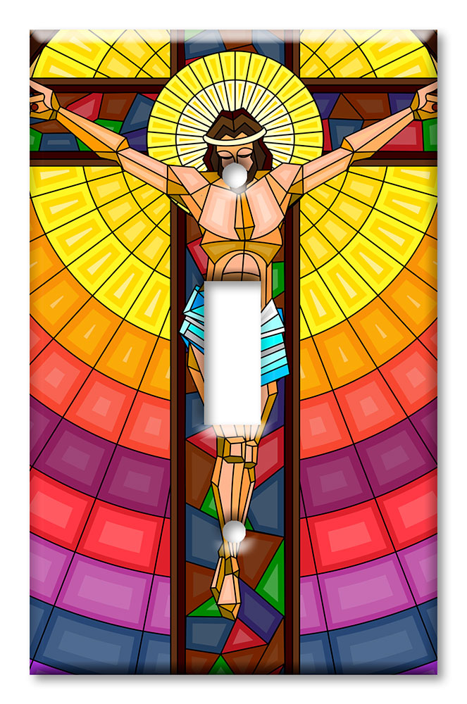 Art Plates - Decorative OVERSIZED Wall Plate - Outlet Cover - Jesus On Cross Stained Glass