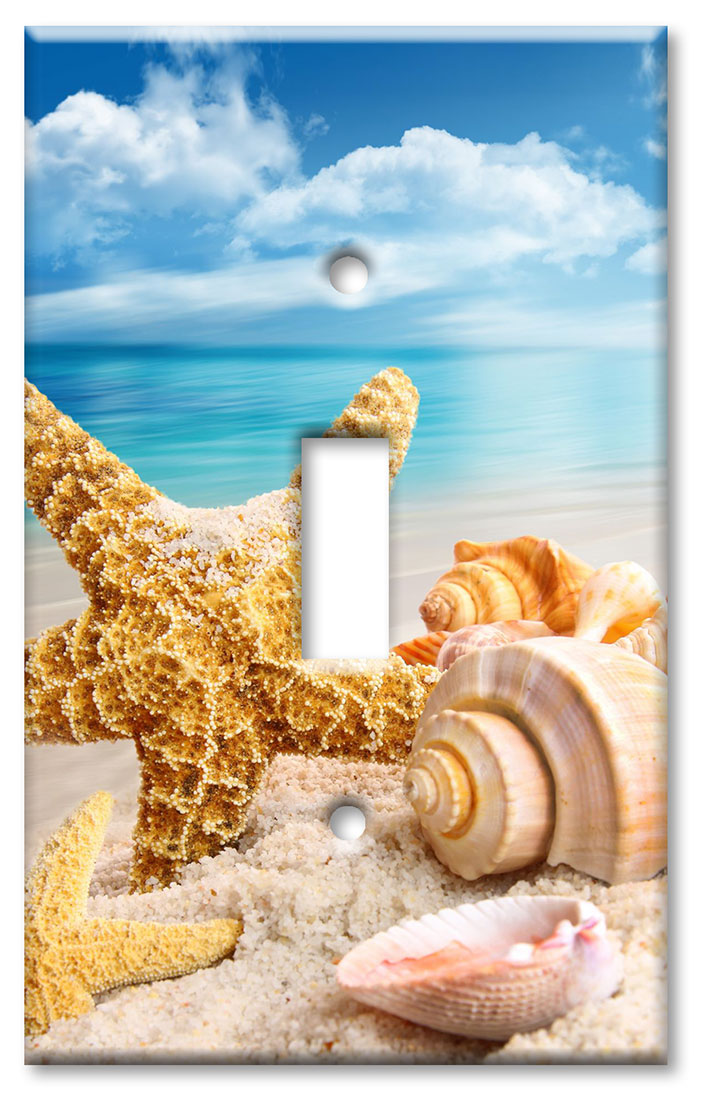 Art Plates - Decorative OVERSIZED Switch Plate - Outlet Cover - Sea Shells and Starfish on the Ocean Beach