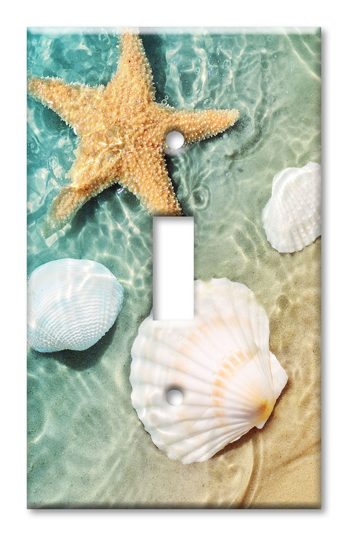 Art Plates - Decorative OVERSIZED Switch Plate - Outlet Cover - Sea Shells and Star Fish in Ocean Beach Tide Pool