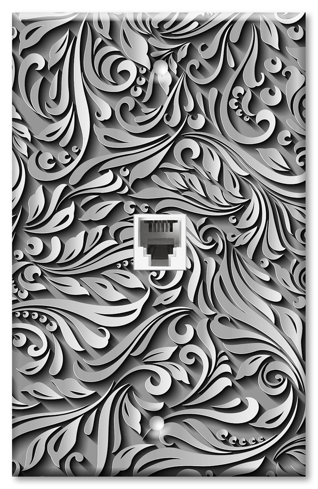 Art Plates - One Port RJ11 - Telephone decorative printed keystone style wall plate. CAT3 - RJ12 Female to Female phone jack. Works for phones, fax, ect. - Grey Scroll Print