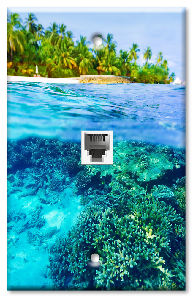 Art Plates - One Port RJ11 - Telephone decorative printed keystone style wall plate. CAT3 - RJ12 Female to Female phone Jack Coupler, 6P4C interface. Works for landline phones, fax, ect. - Tropical Ocean Island Coral Beach