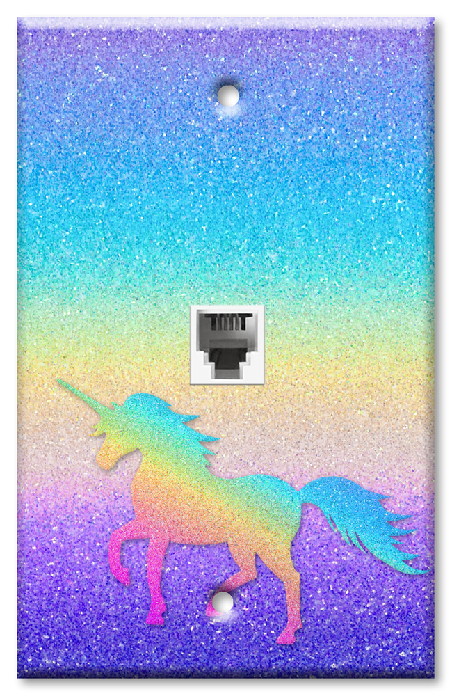 Art Plates - One Port RJ11 - Telephone decorative printed keystone style wall plate. CAT3 - RJ12 Female to Female phone jack. Works for phones, fax, ect. - Rainbow Glitter Unicorn