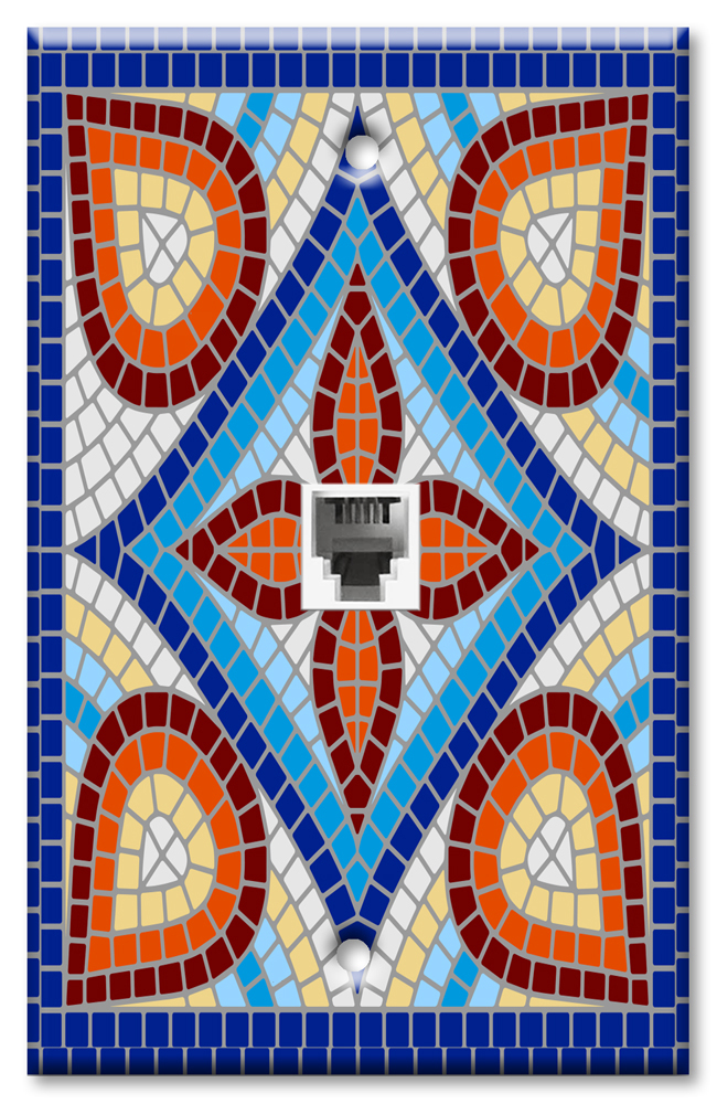 Art Plates - One Port RJ11 - Telephone decorative printed keystone style wall plate. CAT3 - RJ12 Female to Female phone jack. Works for phones, fax, ect. - Blue / White Spanish Mosaic Tile Print