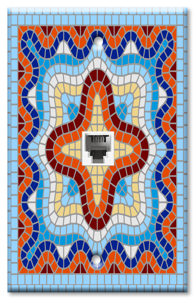 Art Plates - One Port RJ11 - Telephone decorative printed keystone style wall plate. CAT3 - RJ12 Female to Female phone jack. Works for phones, fax, ect. - Light Blue Spanish Mosaic Tile Print