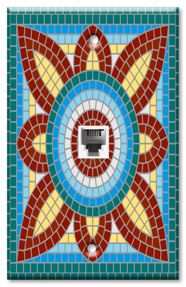 Art Plates - One Port RJ11 - Telephone decorative printed keystone style wall plate. CAT3 - RJ12 Female to Female phone jack. Works for phones, fax, ect. - Green Spanish Mosaic Tile Print