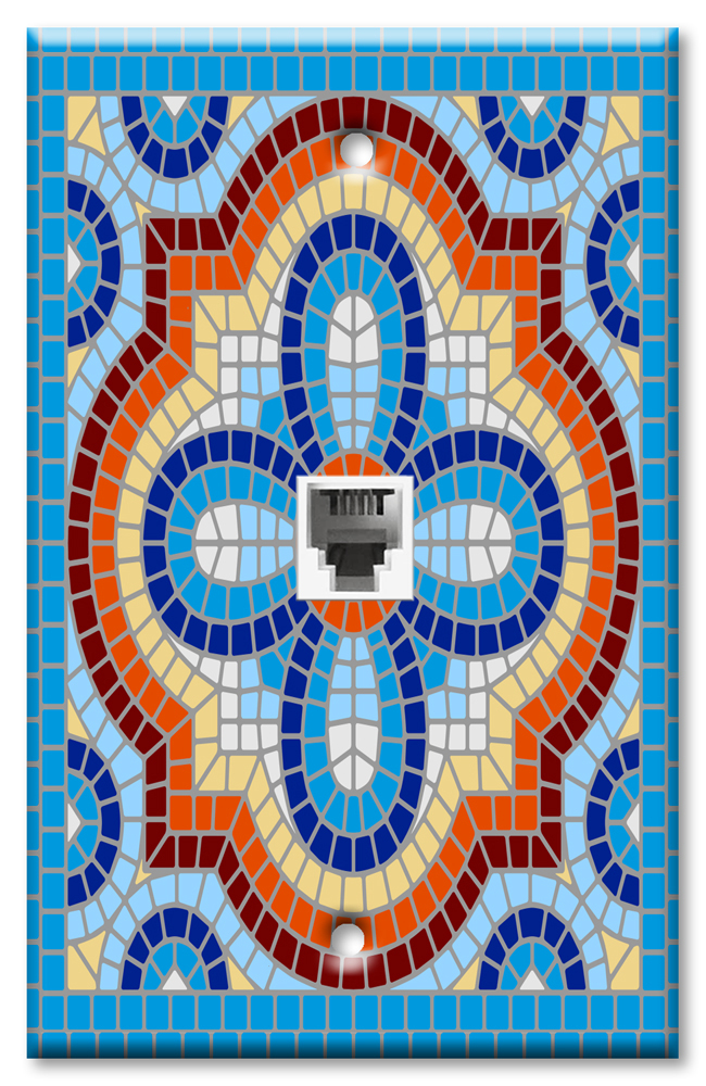 Art Plates - One Port RJ11 - Telephone decorative printed keystone style wall plate. CAT3 - RJ12 Female to Female phone jack. Works for phones, fax, ect. - Aqua Spanish Mosaic Tile Print