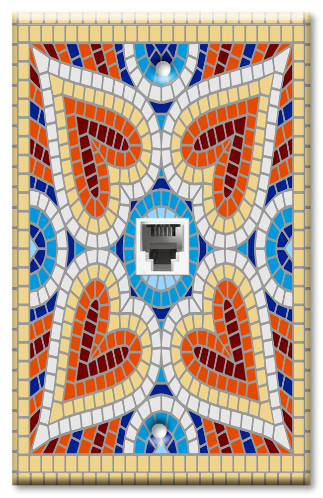 Art Plates - One Port RJ11 - Telephone decorative printed keystone style wall plate. CAT3 - RJ12 Female to Female phone Jack Coupler, 6P4C interface. Works for landline phones, fax, ect. - Yellow Spanish Mosaic Tile Print