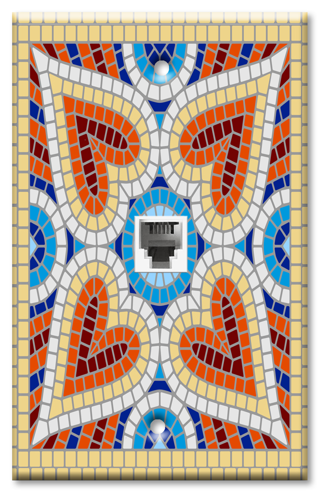 Art Plates - One Port RJ11 - Telephone decorative printed keystone style wall plate. CAT3 - RJ12 Female to Female phone jack. Works for phones, fax, ect. - Yellow Spanish Mosaic Tile Print