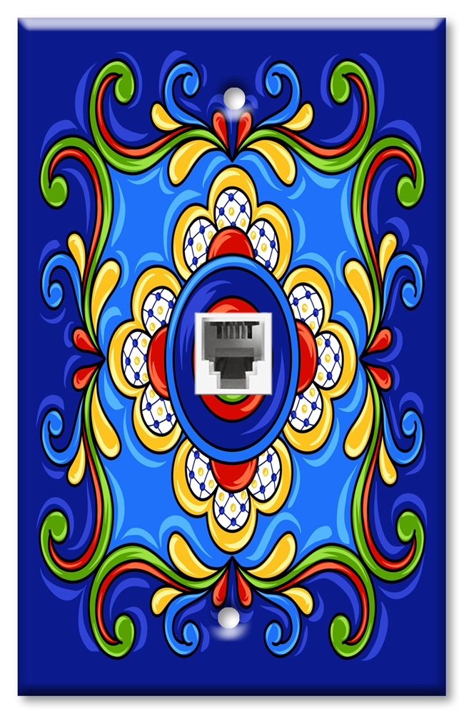 Art Plates - One Port RJ11 - Telephone decorative printed keystone style wall plate. CAT3 - RJ12 Female to Female phone jack. Works for phones, fax, ect. - Dark Blue Mexican Talavera Tile Print