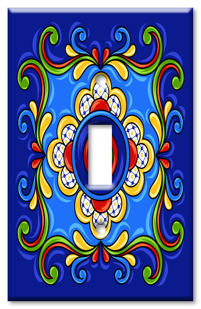 Art Plates - Decorative OVERSIZED Wall Plates & Outlet Covers - Dark Blue Mexican Talavera Tile Print
