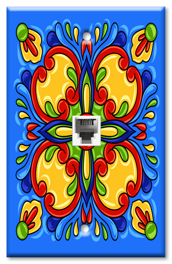 Art Plates - One Port RJ11 - Telephone decorative printed keystone style wall plate. CAT3 - RJ12 Female to Female phone jack. Works for phones, fax, ect. - Blue Mexican Talavera Tile Print