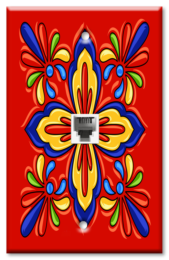 Art Plates - One Port RJ11 - Telephone decorative printed keystone style wall plate. CAT3 - RJ12 Female to Female phone jack. Works for phones, fax, ect. - Red Mexican Talavera Tile Print