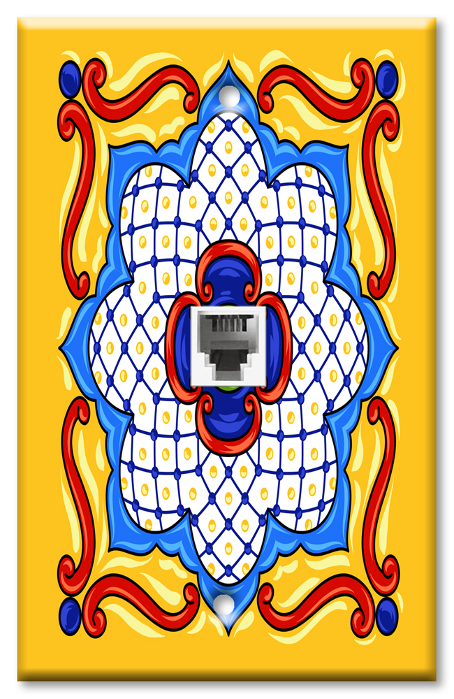 Art Plates - One Port RJ11 - Telephone decorative printed keystone style wall plate. CAT3 - RJ12 Female to Female phone Jack Coupler, 6P4C interface. Works for landline phones, fax, ect. - Yellow Mexican Talavera Tile Print