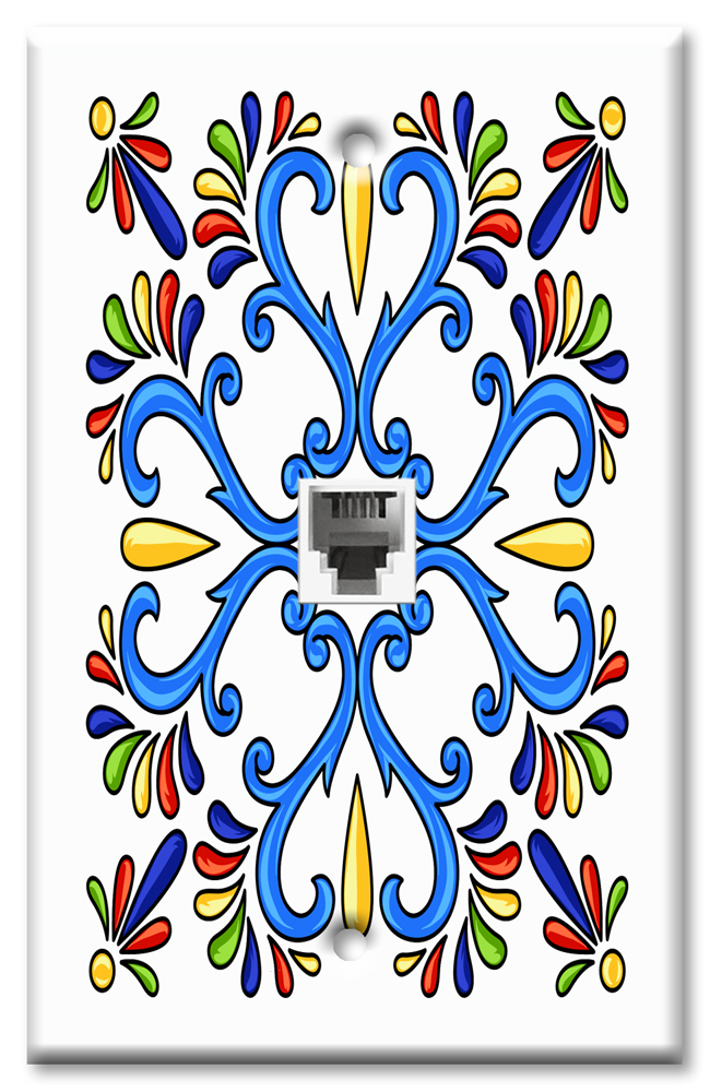 Art Plates - One Port RJ11 - Telephone decorative printed keystone style wall plate. CAT3 - RJ12 Female to Female phone jack. Works for phones, fax, ect. - White / Blue Mexican Talavera Tile Print