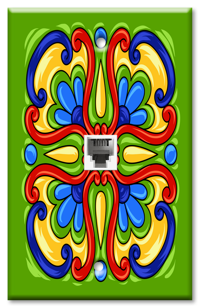 Art Plates - One Port RJ11 - Telephone decorative printed keystone style wall plate. CAT3 - RJ12 Female to Female phone jack. Works for phones, fax, ect. - Green Mexican Talavera Tile Print
