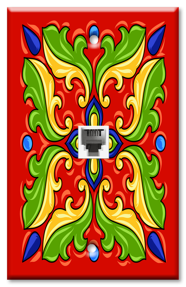 Art Plates - One Port RJ11 - Telephone decorative printed keystone style wall plate. CAT3 - RJ12 Female to Female phone Jack Coupler, 6P4C interface. Works for landline phones, fax, ect. - Red / Green Mexican Talavera Tile Print