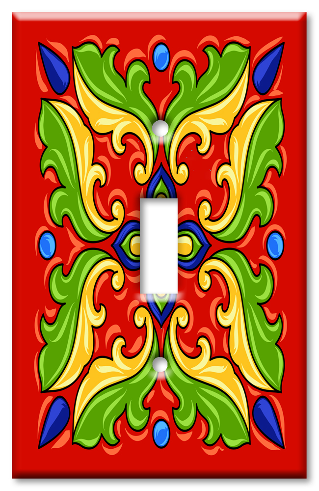 Art Plates - Decorative OVERSIZED Switch Plates & Outlet Covers - Red / Green Mexican Talavera Tile Print