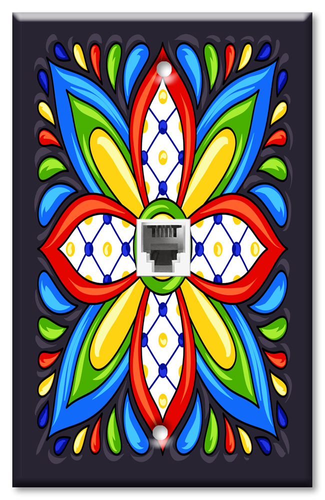 Art Plates - One Port RJ11 - Telephone decorative printed keystone style wall plate. CAT3 - RJ12 Female to Female phone jack. Works for phones, fax, ect. - Black Mexican Talavera Tile Print