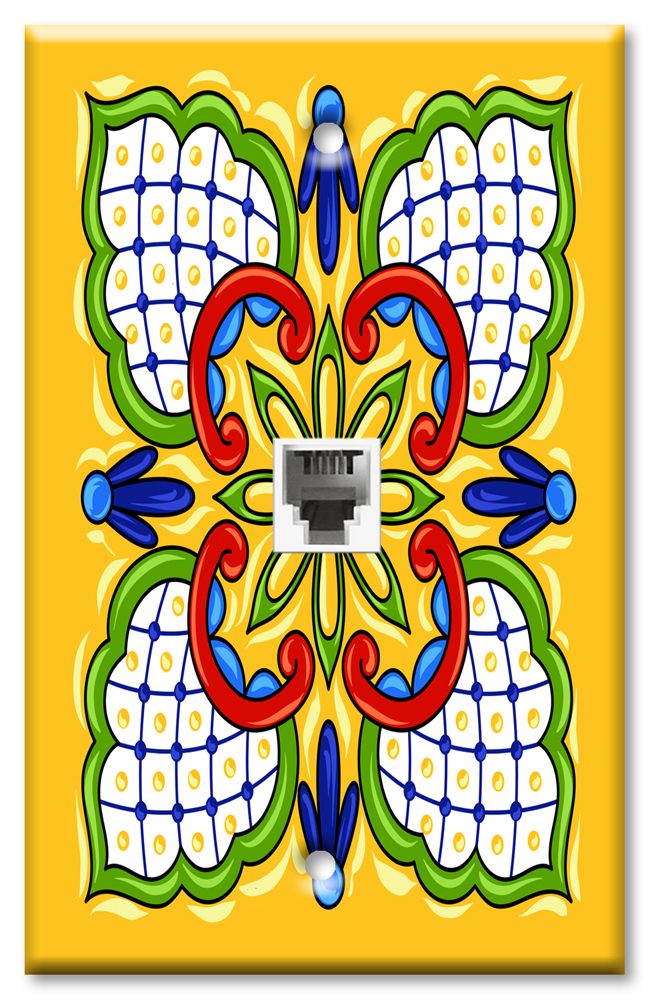 Art Plates - One Port RJ11 - Telephone decorative printed keystone style wall plate. CAT3 - RJ12 Female to Female phone Jack Coupler, 6P4C interface. Works for landline phones, fax, ect. - Yellow / Green Mexican Talavera Tile Print
