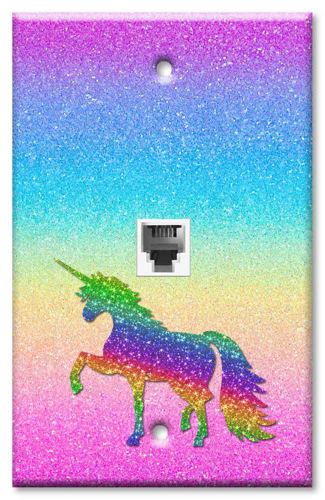 Art Plates - One Port RJ11 - Telephone decorative printed keystone style wall plate. CAT3 - RJ12 Female to Female phone jack. Works for phones, fax, ect. - Rainbow and Stars Glitter Unicorn