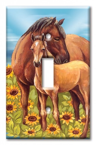Art Plates - Decorative OVERSIZED Wall Plate - Outlet Cover - Horses in Sunflowers