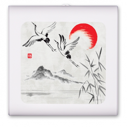 Cranes Flying by the Sun Drawing - #2795