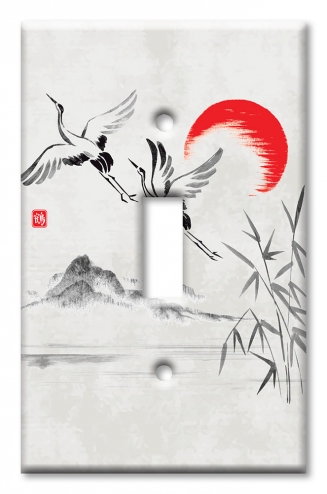 Art Plates - Decorative OVERSIZED Wall Plates & Outlet Covers - Cranes Flying by the Sun Drawing