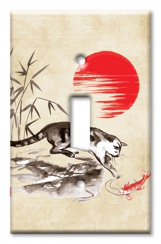 Art Plates - Decorative OVERSIZED Wall Plates & Outlet Covers - Cat and Koi Drawing