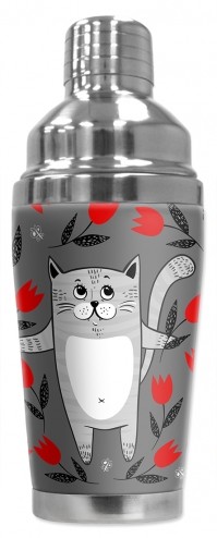 Gray Cat with Red Flowers - #2864