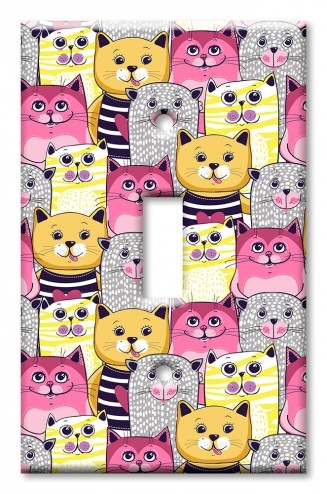 Art Plates - Decorative OVERSIZED Switch Plates & Outlet Covers - Pink, Yellow and Gray Cat Toss