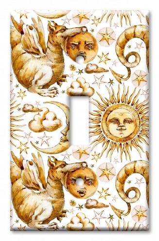 Art Plates - Decorative OVERSIZED Wall Plate - Outlet Cover - Golden Moon, Sun and Dragon