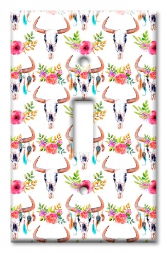 Art Plates - Decorative OVERSIZED Wall Plates & Outlet Covers - Bull Skull and Flowers Toss