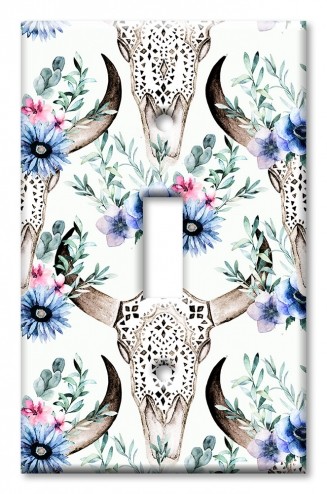 Art Plates - Decorative OVERSIZED Wall Plates & Outlet Covers - Bull Skull and Blue Flowers