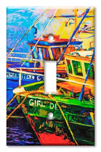 Art Plates - Decorative OVERSIZED Wall Plate - Outlet Cover - Fishing Boats Tied Up