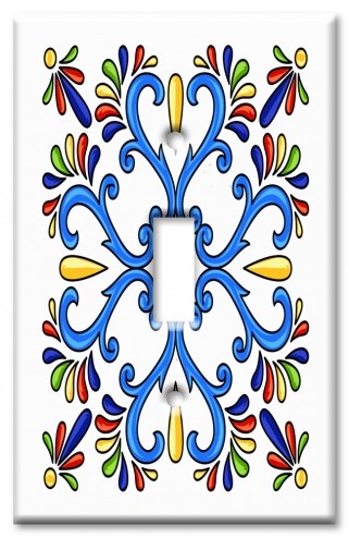 Art Plates - Decorative OVERSIZED Switch Plate - Outlet Cover - White / Blue Mexican Talavera Tile Print