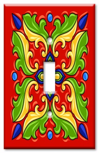 Art Plates - Decorative OVERSIZED Switch Plates & Outlet Covers - Red / Green Mexican Talavera Tile Print